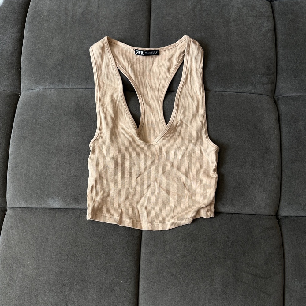 ZARA nude racerback plunge crop ribbed tank